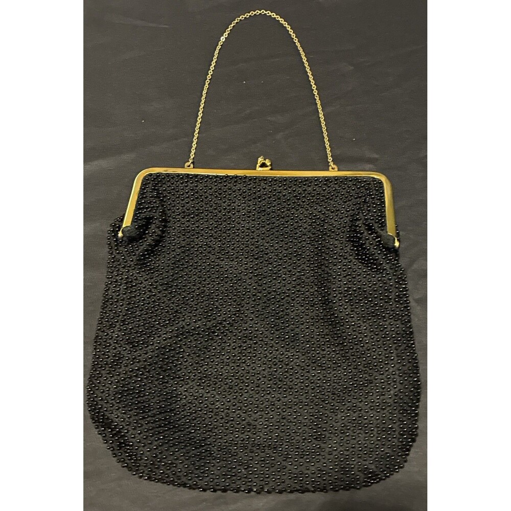 Vintage Ed B Robinson Black Glass Beaded Evening Bag Clutch Gold Frame 1950s